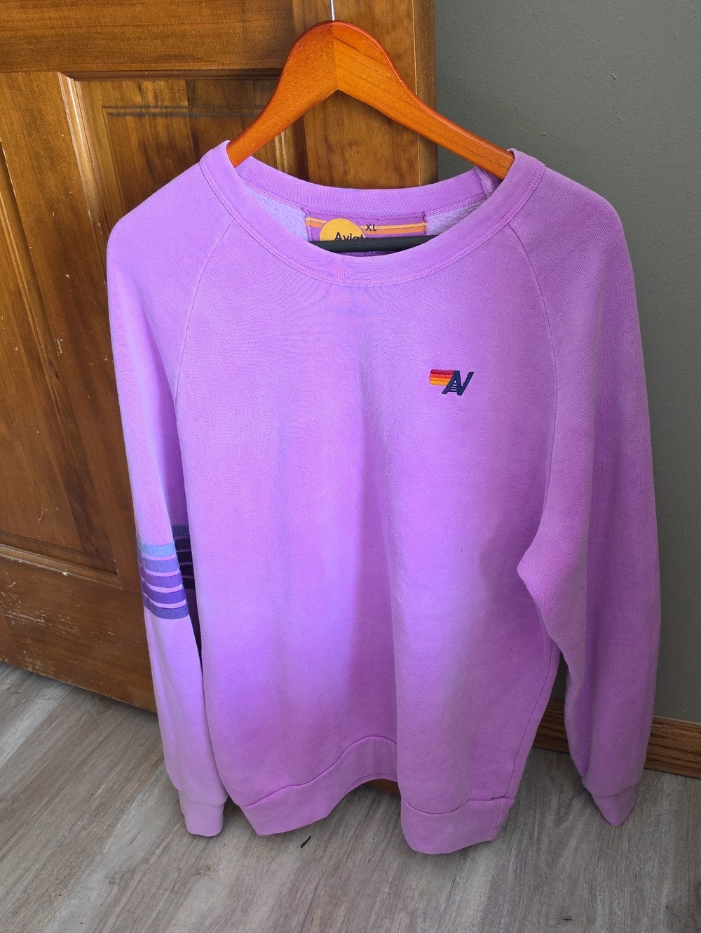 Aviator Nation Lavender Crewneck Sweatshirt with Stripes On arm